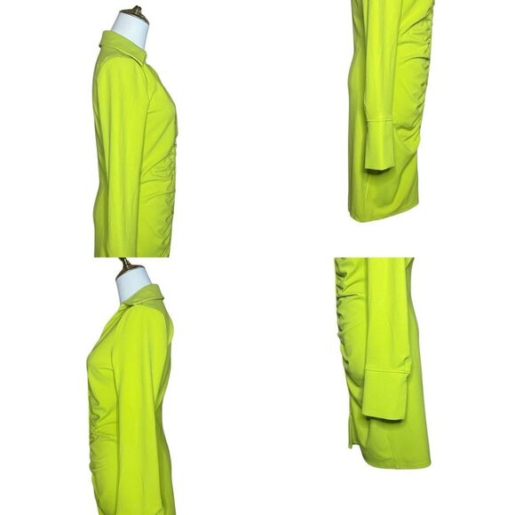 H&M Lime Green Long Sleeve Draped Shirt Dress Size S Button Front Ruched V-neck - Picture 12 of 15